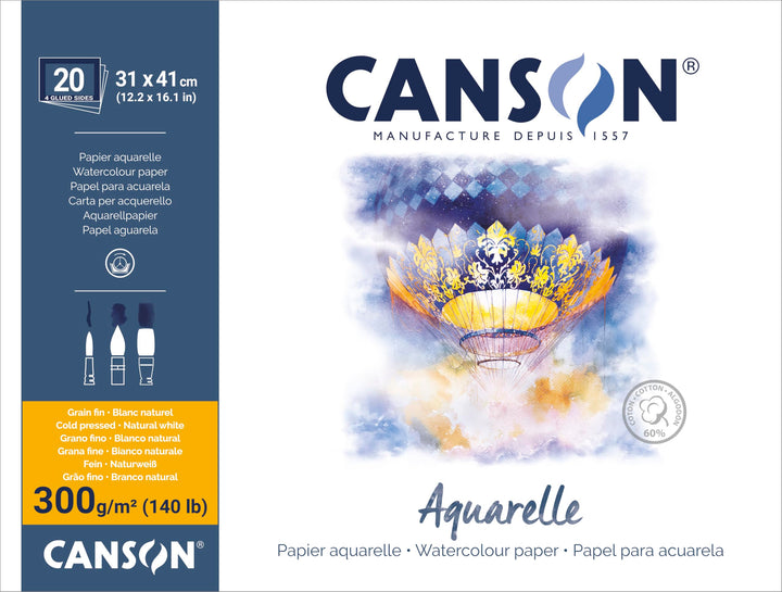 Canson Aquarelle Canson Block rundumgeleimt, 31 x 41 cm, 20 Blatt, 300 g/m², Feinkorn