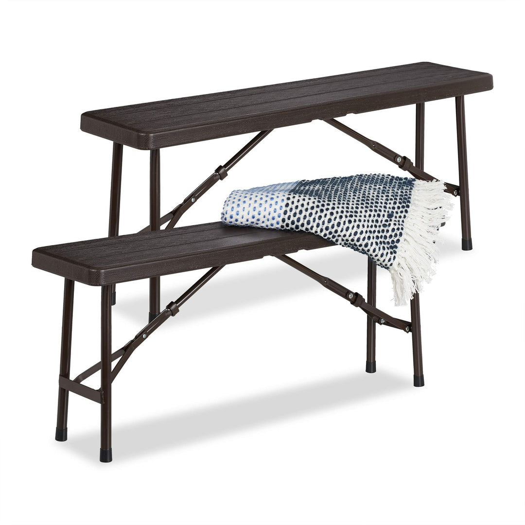 Relaxdays Bierbank 2er Set, faltbar, für Terrasse & Garten, Holzoptik, Kunststoff Campingbank HBT: 4