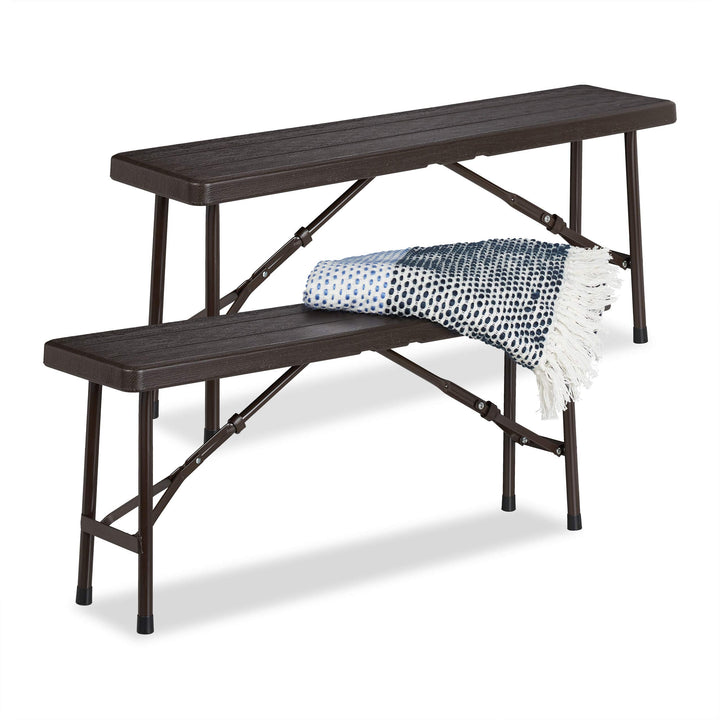 Relaxdays Bierbank 2er Set, faltbar, für Terrasse & Garten, Holzoptik, Kunststoff Campingbank HBT: 4