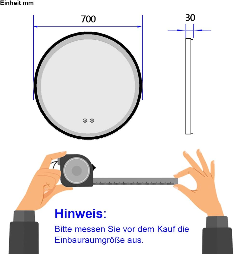 EMKE Runder Badspiegel LED Wandspiegel Durchmesser 70cm Badspiegel Schwarz Rund Touch-Schalter 3 Lic