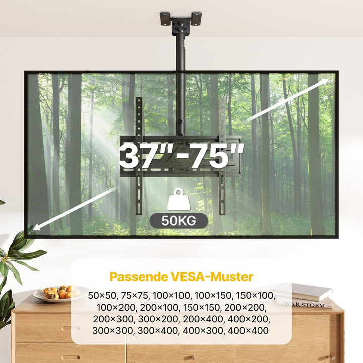 monTEK TV Deckenhalterung Neigbar und Schwenkbar für die meisten 37-75 Zoll Fernseher, Fernsehhalter