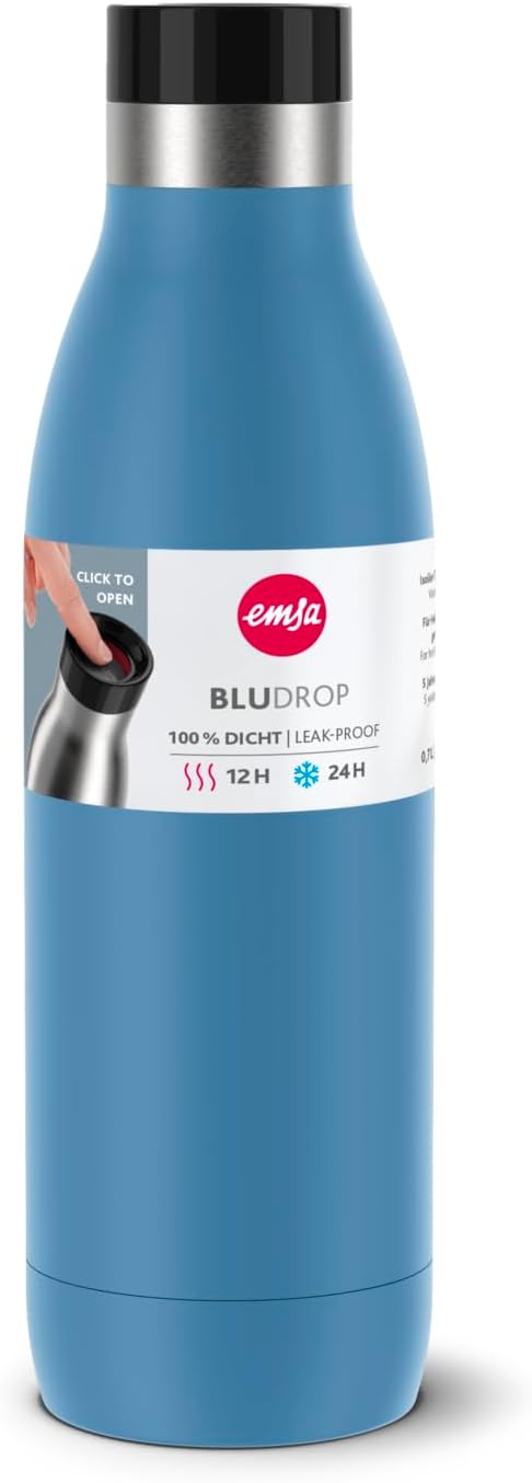 Emsa Bludrop Isolier-Trinkflasche, 0,7 Liter, 100% dicht, Quick-Press Verschluss, Ergonomischer 360°