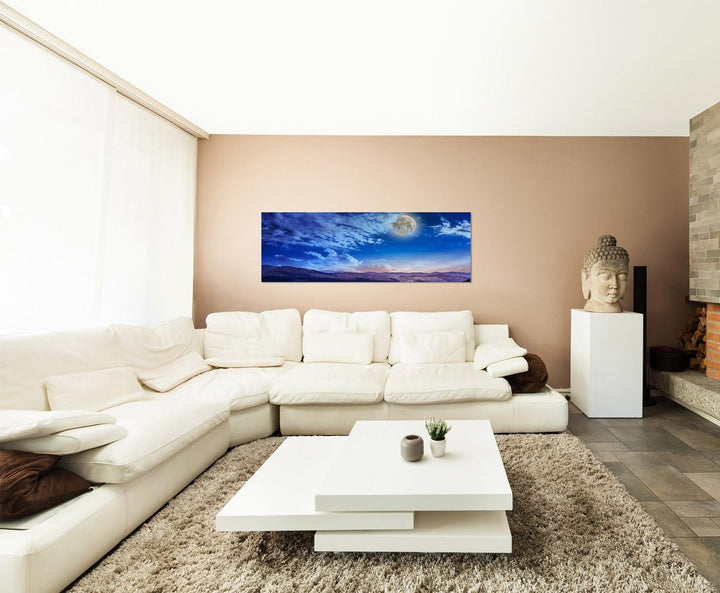Paul Sinus Art Panoramabild auf Leinwand und Keilrahmen 150x50cm Berge Wiesen Wolkenschleier Nacht V