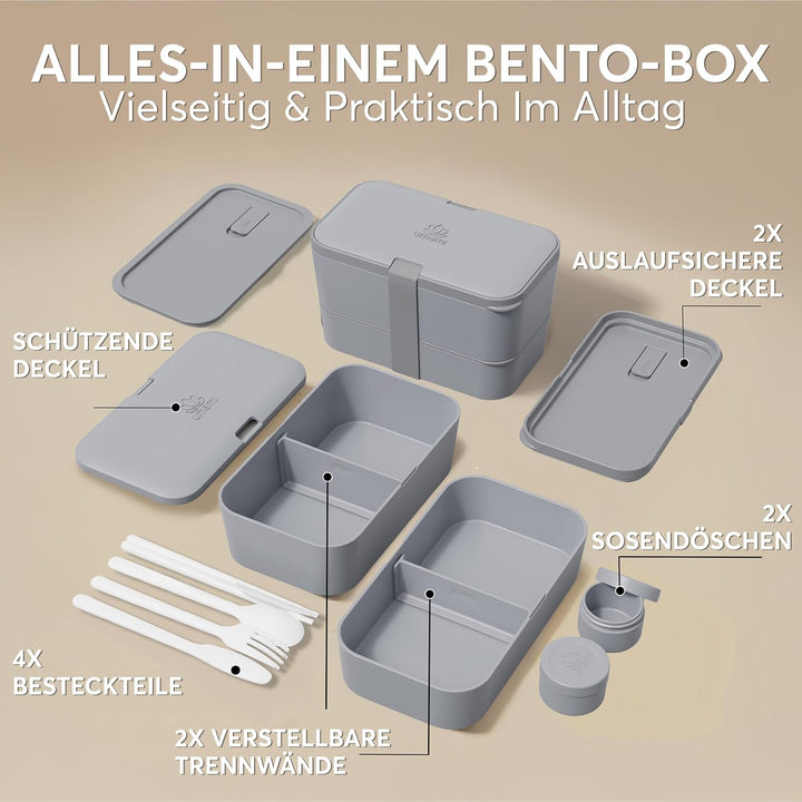 Umami Lunchbox Erwachsene, Verschachtelbar Auslaufsichere Bento Box mit 4 Bestecke & Fächern, Brotdo