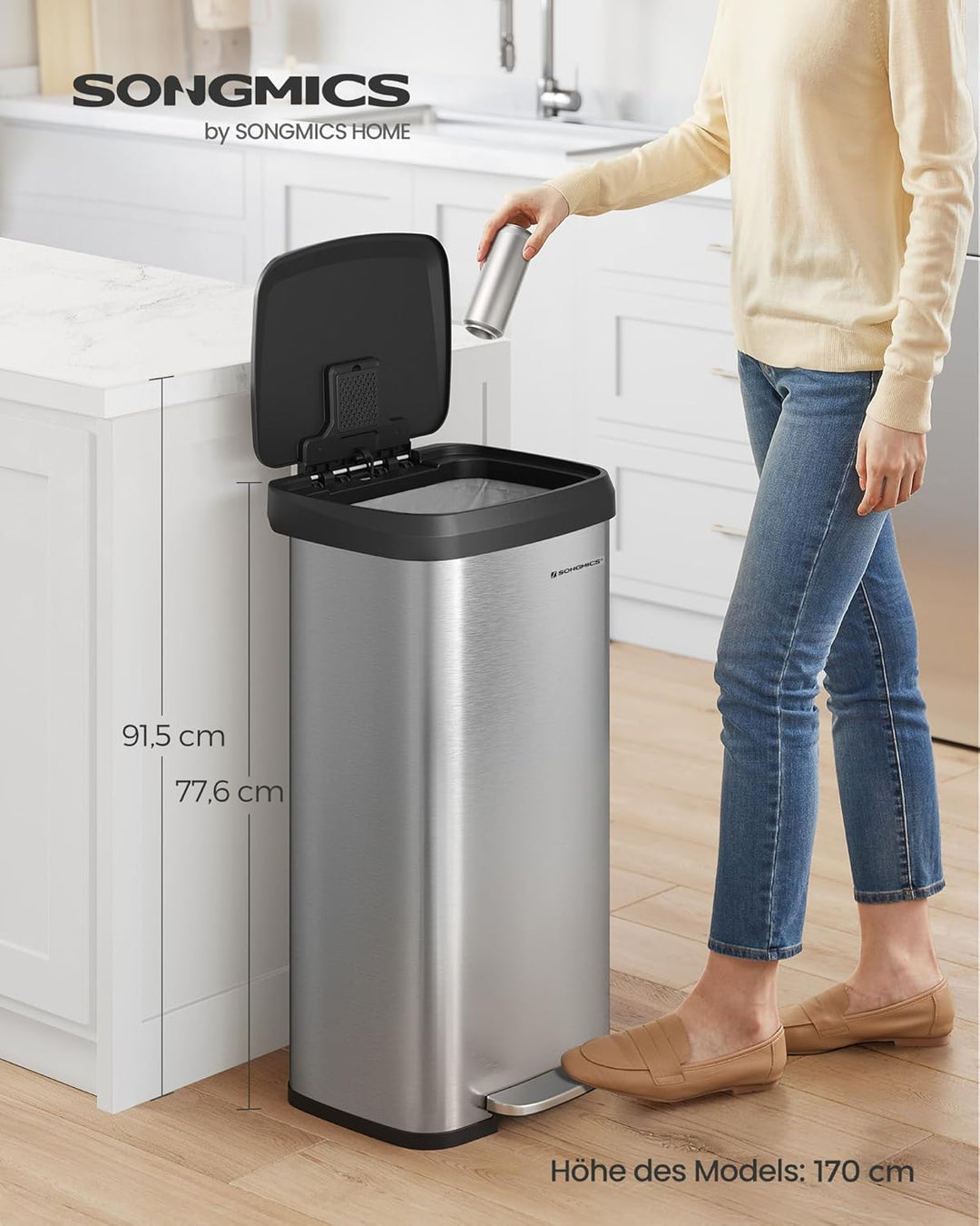 SONGMICS Mülleimer Küche, 68 Liter Abfalleimer, Tretmülleimer aus Metall, mit Deckel, hoch, schmal u