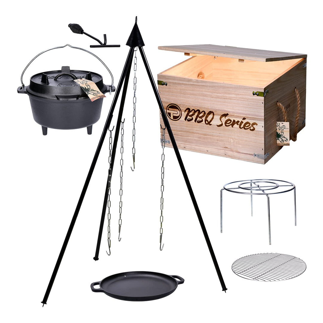 TP Premium BBQ Dutch-Oven Tripod Set, 7-teilig mit Feuer-Topf, Dreibein, Pfanne aus Gusseisen, Grill