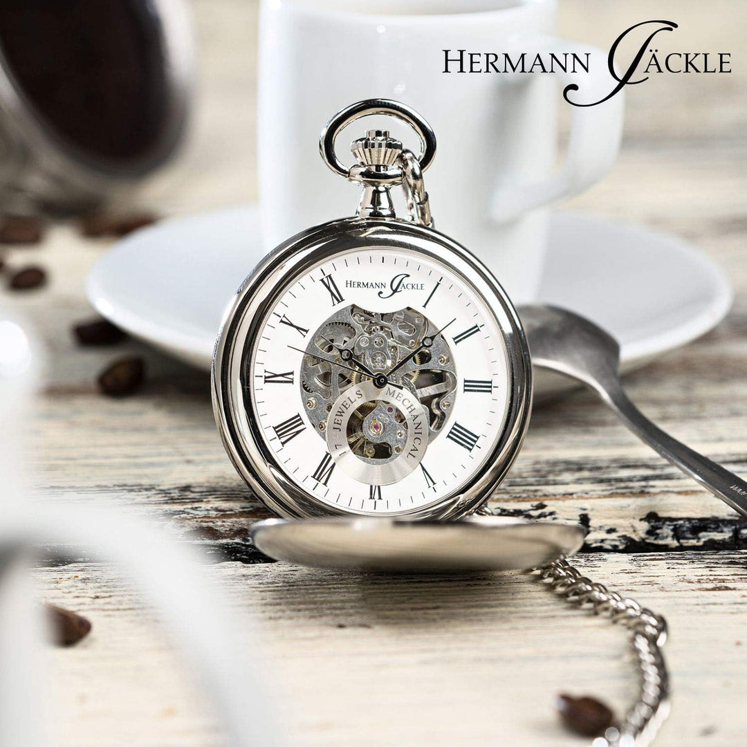 Hermann Jäckle Heidelberg Stilvolle und Elegante Skelett Taschenuhr für Herren mit Handaufzug I Qual
