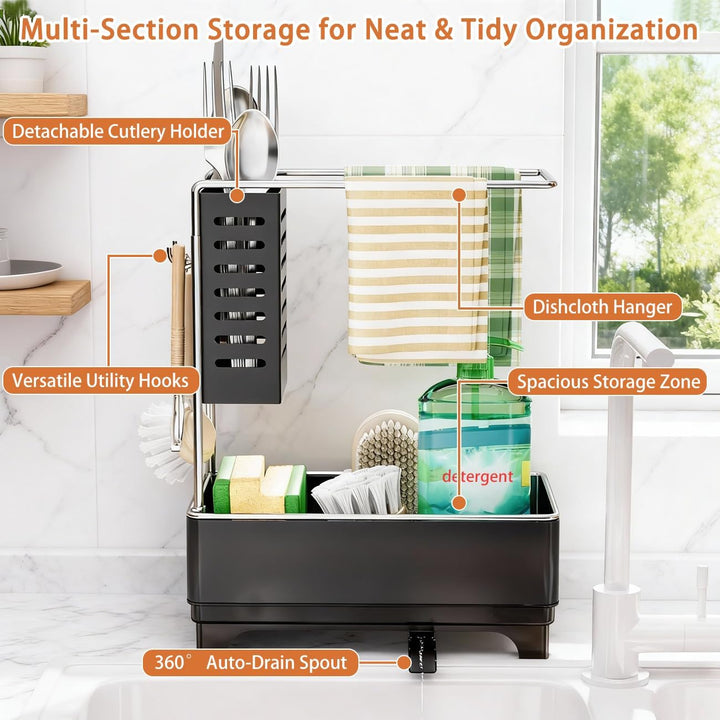 Spülbecken Organizer, Schwarz Küchen Organizer Spüle mit Abflusspfanne & Lappenhalter, Spülutensilie
