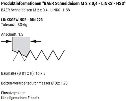BAER Gewindeschneider M2 HSS Schneideisen - M 2 x 0,4 - Gewindeschneideisen Linksgewinde metrisch Re