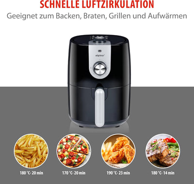 alpina Airfryer 2L - Heissluftfritteuse 900W - Temperatur Einstellbar von 80 bis 200 °C - für 2 bis