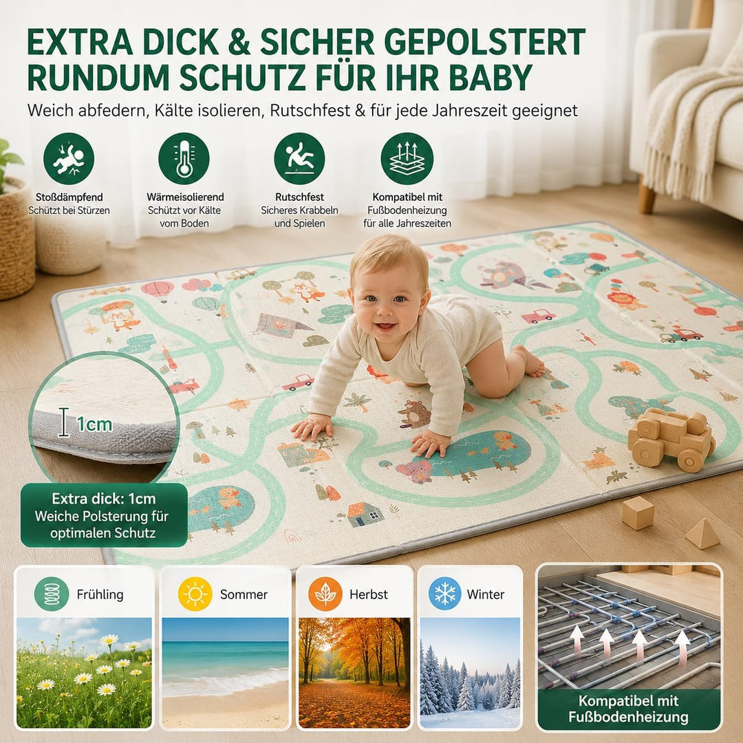 Krabbelmatte Baby 180x200 cm, Faltbare Spielmatte 1.0 cm Dick XPE, Weich & Rutschfest, Wasserdicht A