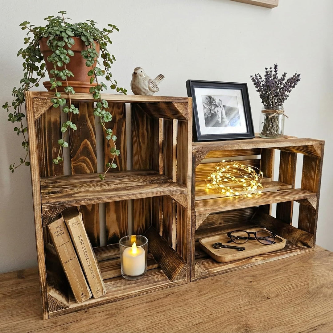 Teramico Vintage Holzkisten 40 x 30 x 25cm geflammt | Weinkisten &amp; Obstkisten | Set-Angebote (2er Se