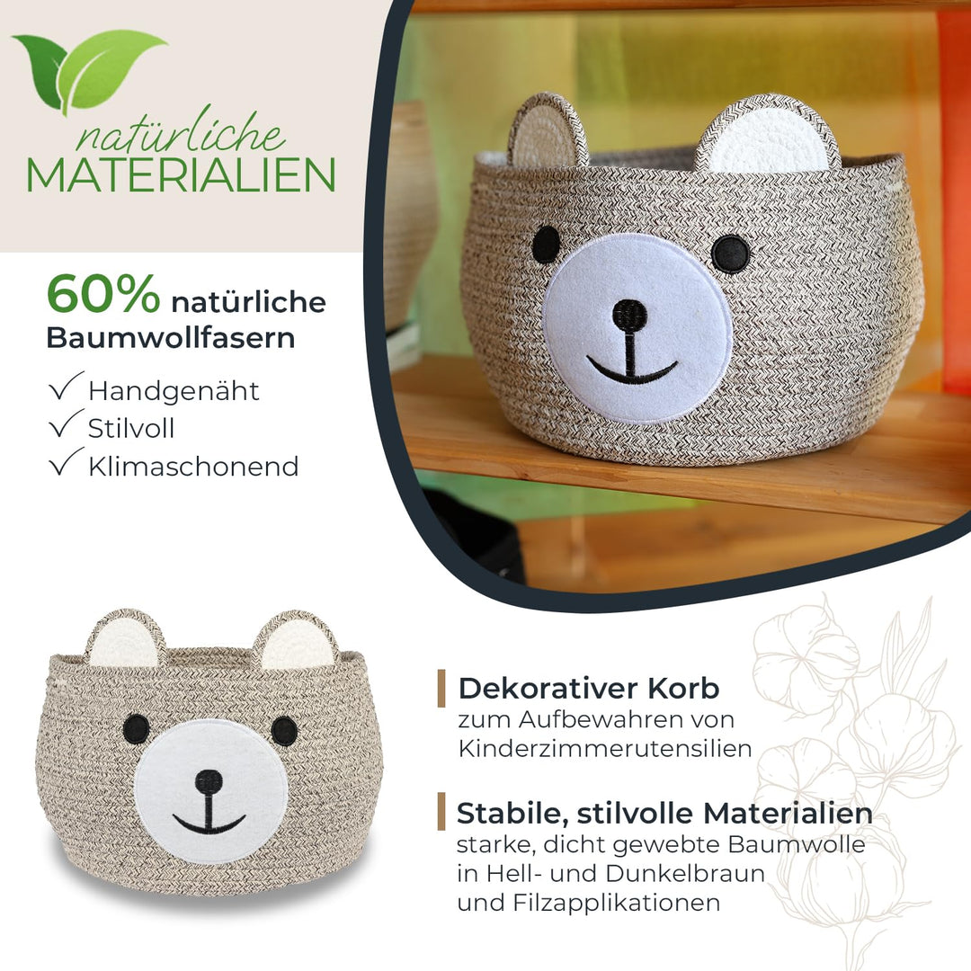 HMF Aufbewahrungskorb mit versteckten Griffen, Korb für Kinderzimmer aus Baumwolle | Bär | 30 x 24 c