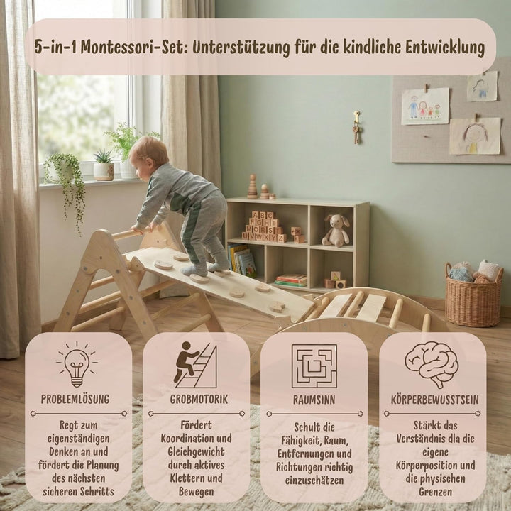 WoodsCraft 5in1 Set: Kletterbogen mit Kissen, Kletterdreieck, Rutsche/Rampe | Midi Set mit hypoaller