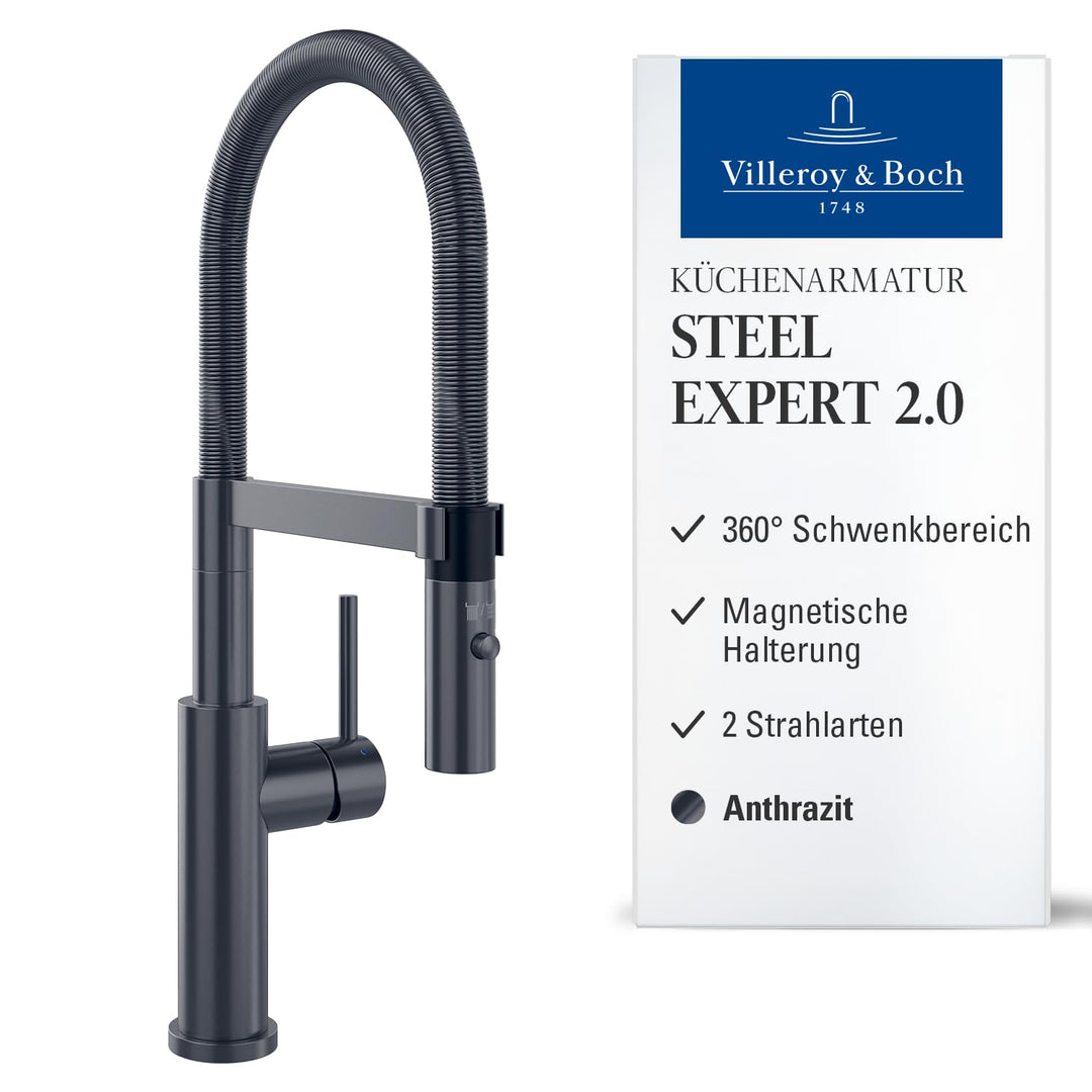 Villeroy &amp; Boch Steel Expert 2.0 Hochdruck-Küchenarmatur mit Umschaltfunktion und 360° schwenkbarem