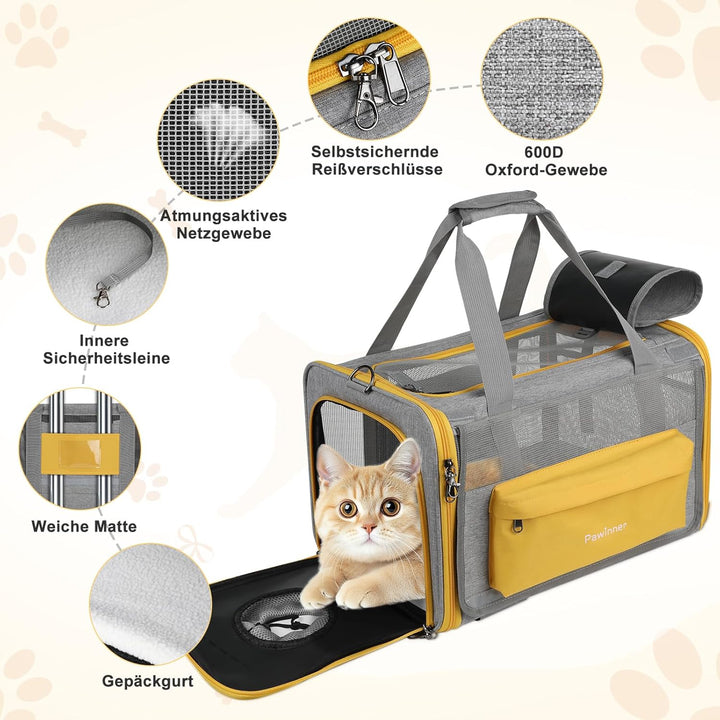 Pawinner Transportbox für Hunde Katze, 45x33x33 cm Katzentransporttasche für Reise & Auto, Faltbar H