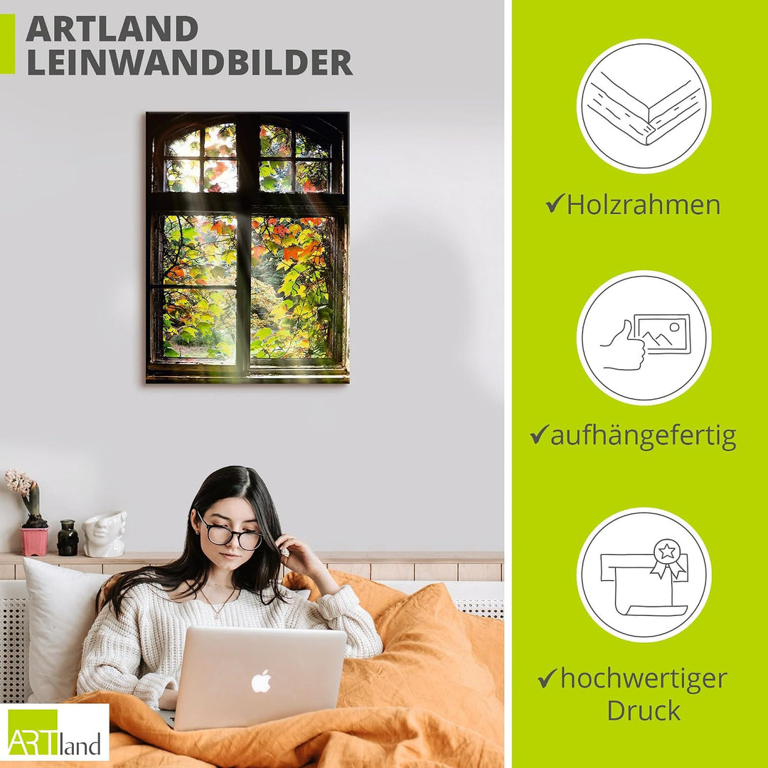 Artland Leinwandbild Wandbild Bild auf Leinwand 60x80 cm Wanddeko Fensterblick Fenster Herbst Natur