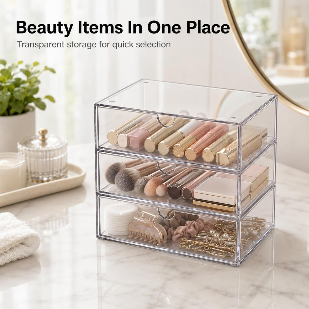 Schubladen Organizer Transparent, 3 Fächer Aufbewahrungsbox Stapelbar, Acryl Optik Schreibtisch Orga