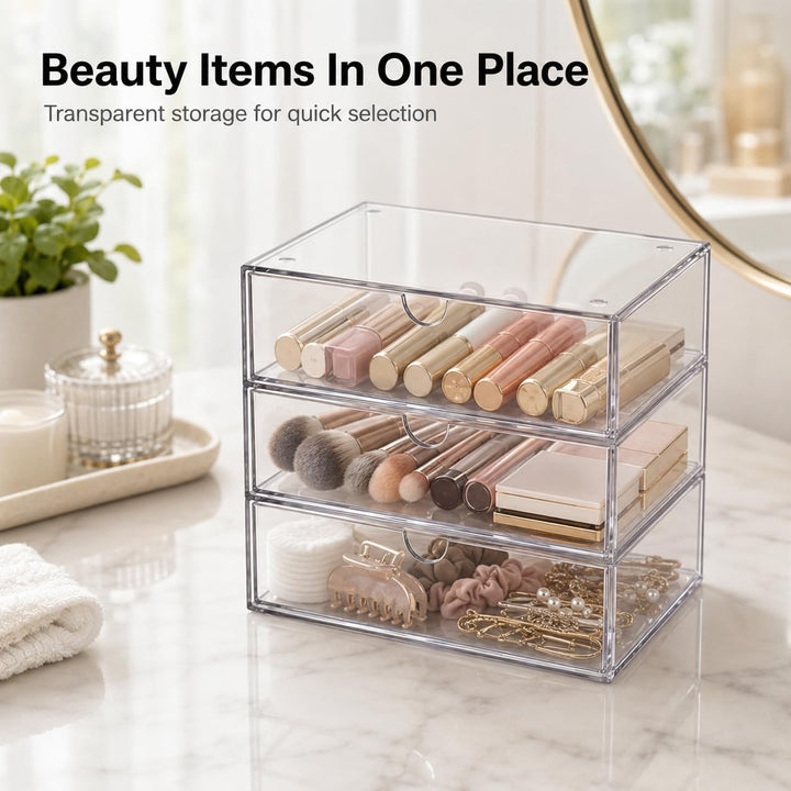 Schubladen Organizer Transparent, 3 Fächer Aufbewahrungsbox Stapelbar, Acryl Optik Schreibtisch Orga