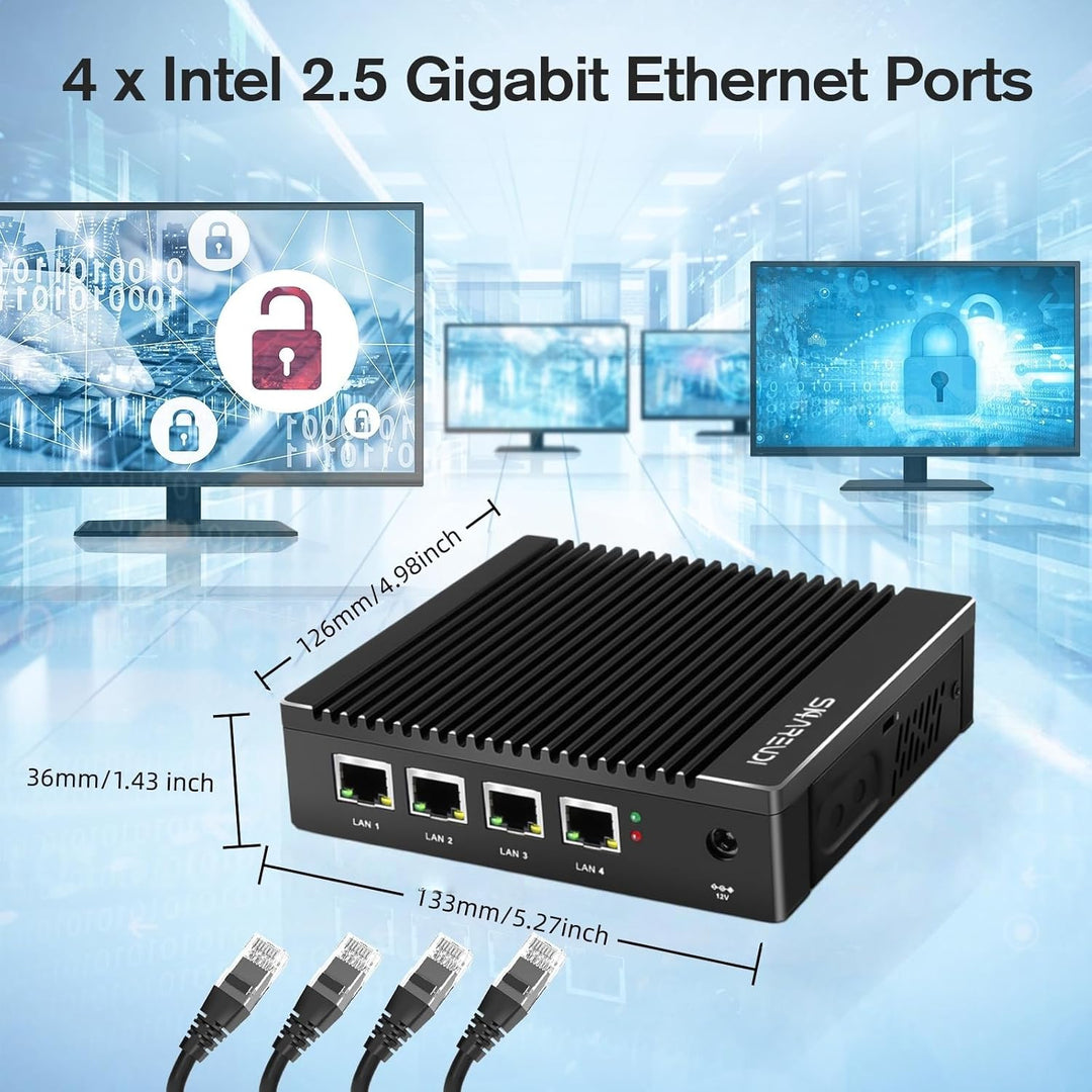 Sharevdi Lüfterloser Firewall Micro Appliance,Intel N3700 4 Cores/4 Threads, 4 Intel 2.5 GbE i225 Gi
