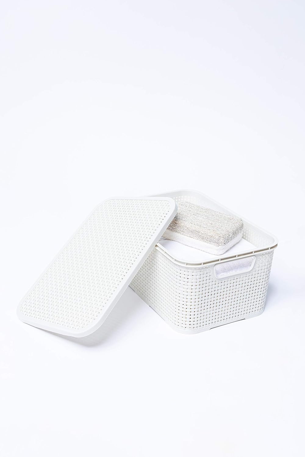 BranQ - Home essential Deckel Korb in Rattan Design 2er Set Grösse L 19l, Kunststoff PP, Creme, 19 l