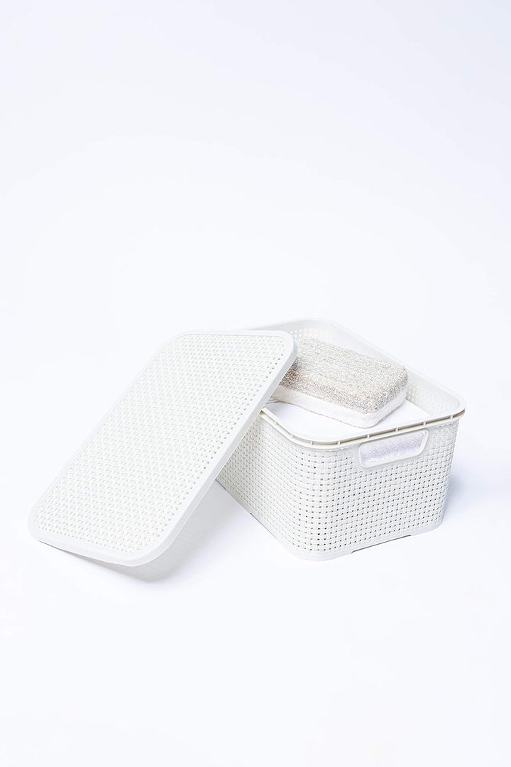 BranQ - Home essential Deckel Korb in Rattan Design 2er Set Grösse M 10l, Kunststoff PP, Creme, 10 l