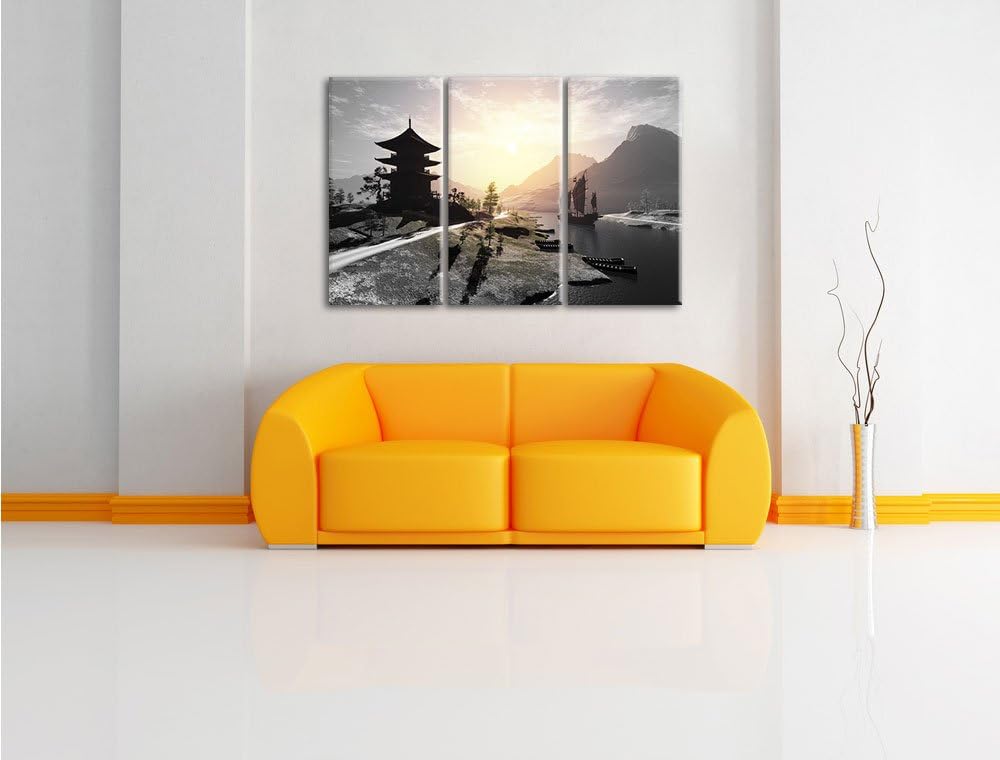 Pixxprint asiatischer Tempel an Fluss als Leinwandbild/Grösse: 3 Teilig (120x80 cm) cm/Wandbild/Kuns