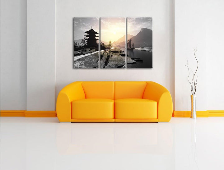 Pixxprint asiatischer Tempel an Fluss als Leinwandbild/Grösse: 3 Teilig (120x80 cm) cm/Wandbild/Kuns