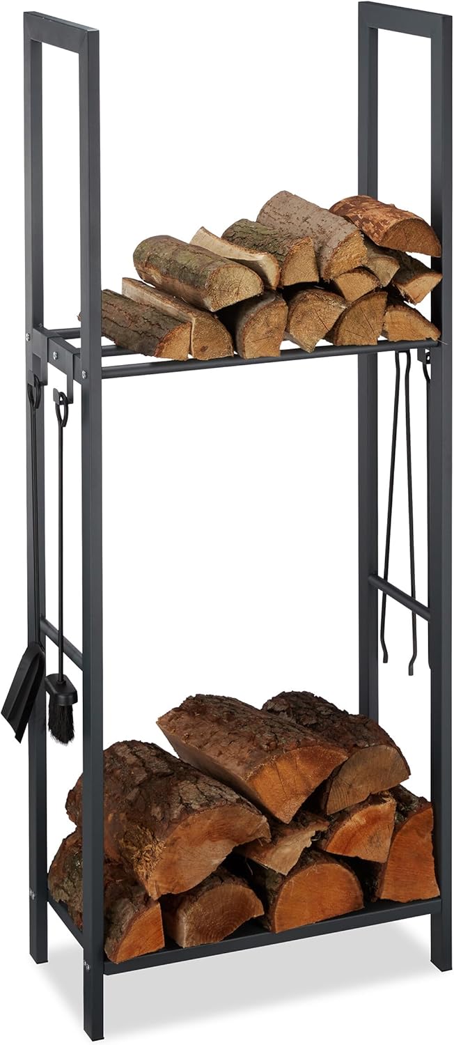 Relaxdays, anthrazit Kaminholzregal mit 2 Ablagen, aus Stahl, 4 Haken für Kaminbesteck, Brennholzreg