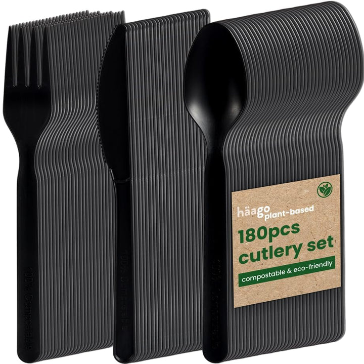 HAAGO 180-tlg. Besteckset Kompostierbar (60x Messer, 60x Gabeln, 60x Löffel, Schwarz) - Umweltfreund