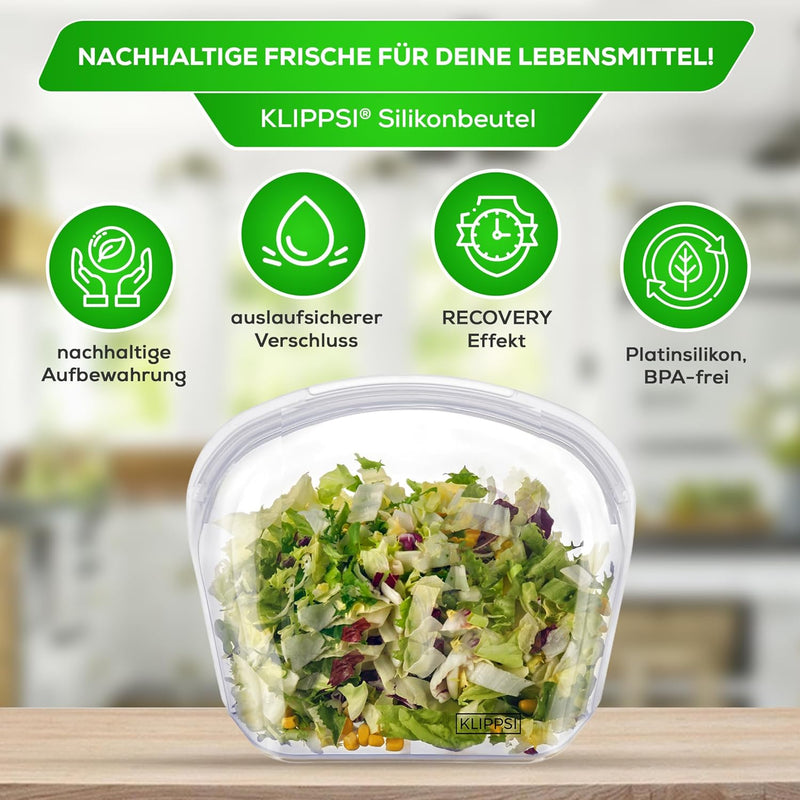 KLIPPSI® Wiederverwendbare Silikonbeutel Set Gefrierbeutel Aufbewahrungsbeutel reissfest, hitze-kält