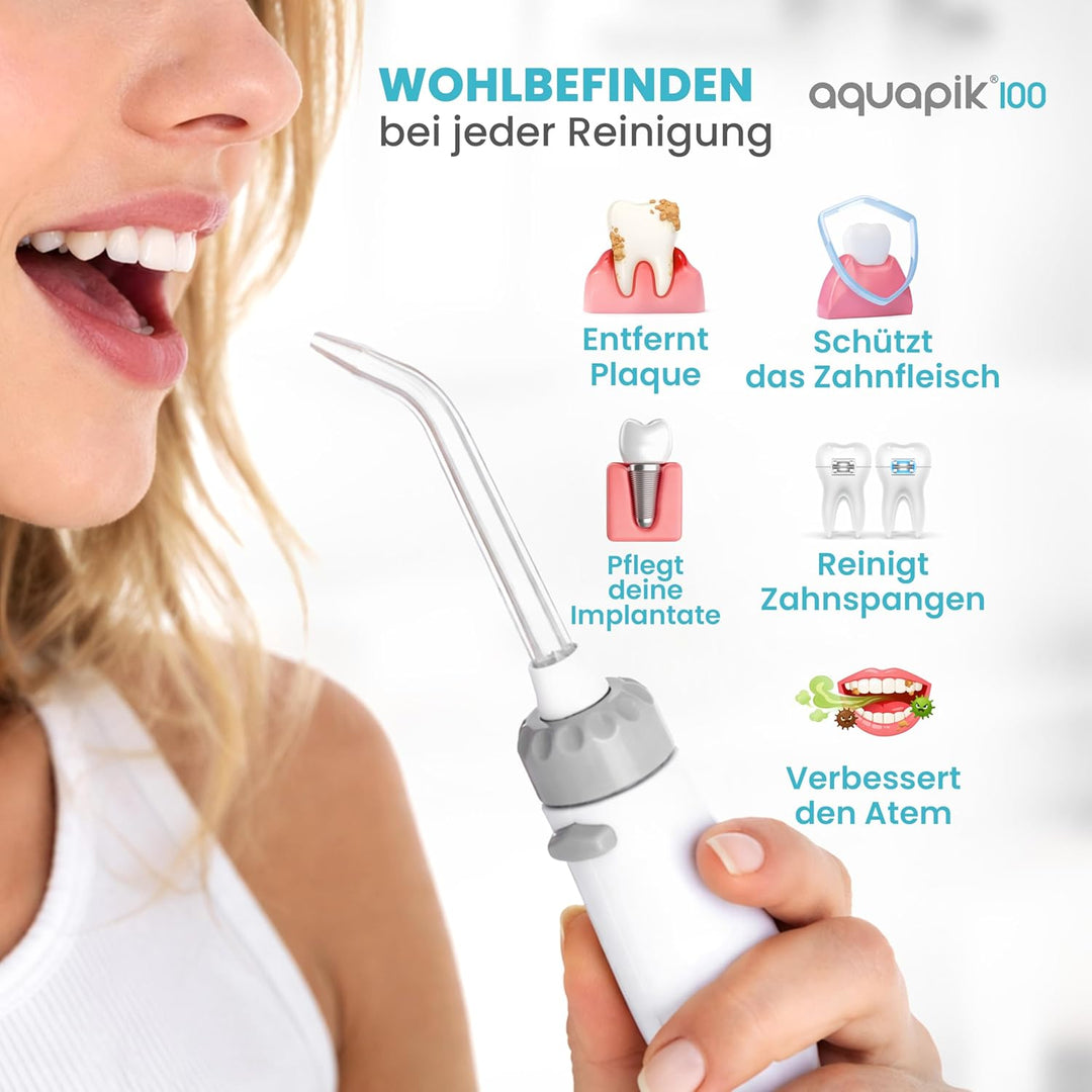Aquapik® 100 professionelle Munddusche | Plaqueentferner + von Zahnärzten empfohlen | 8 Düsen, 10 Dr