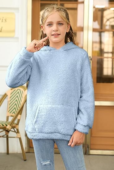 Runcati Pullover Mädchen Kapuzenpullover Fuzzy Teddy Fleece Sweatshirts mit Kapuze Taschen Freizeit