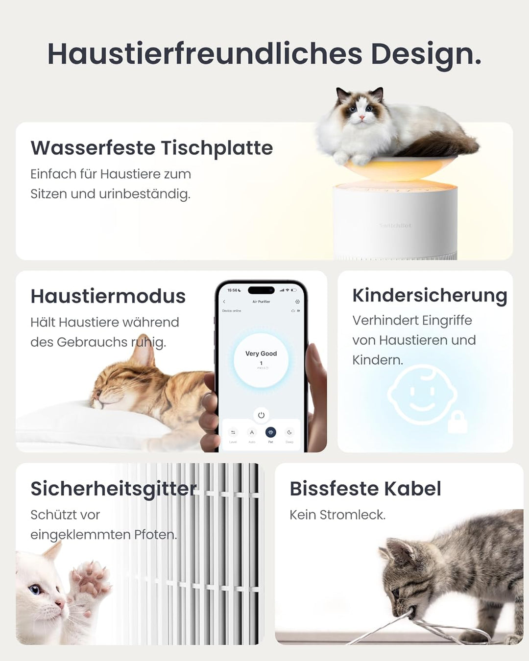 SwitchBot Luftreiniger mit App-Steuerung und Nachtlicht, CADR 400m³/h bis zu 83㎡ Zimmer, HEPA-Filter