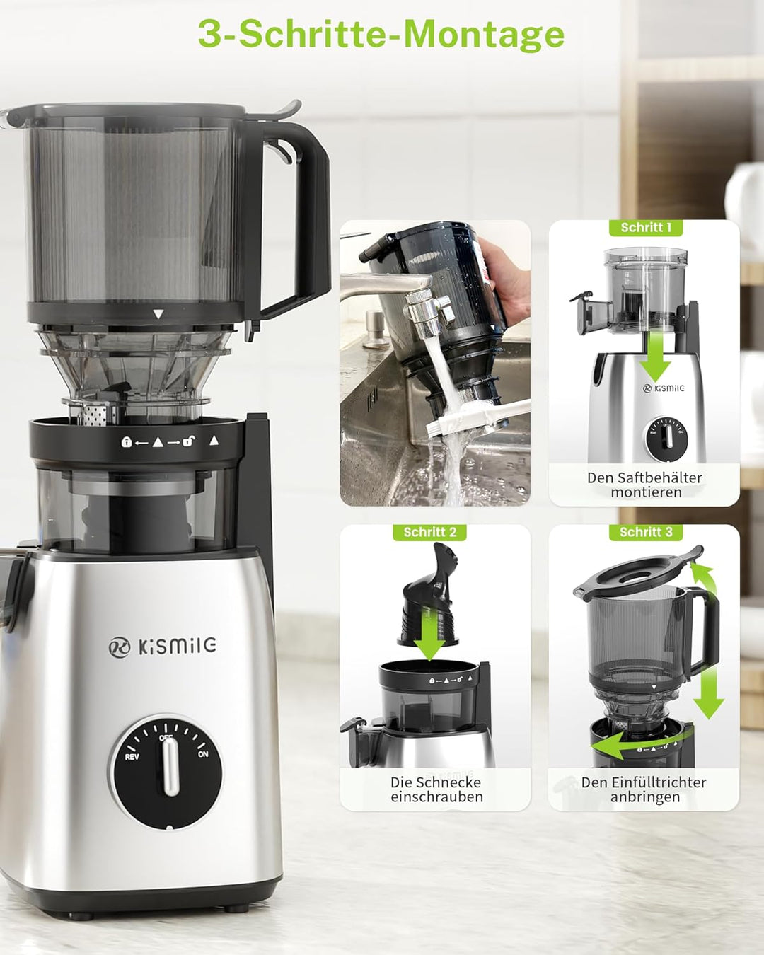 Kismile Entsafter, Slow Juicer mit 135 MM XL-Einfüllschacht, Hohe Saftausbeute für Ganze Gemüse und