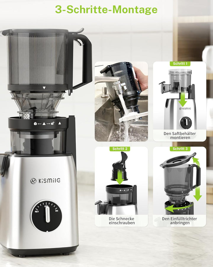 Kismile Entsafter, Slow Juicer mit 135 MM XL-Einfüllschacht, Hohe Saftausbeute für Ganze Gemüse und