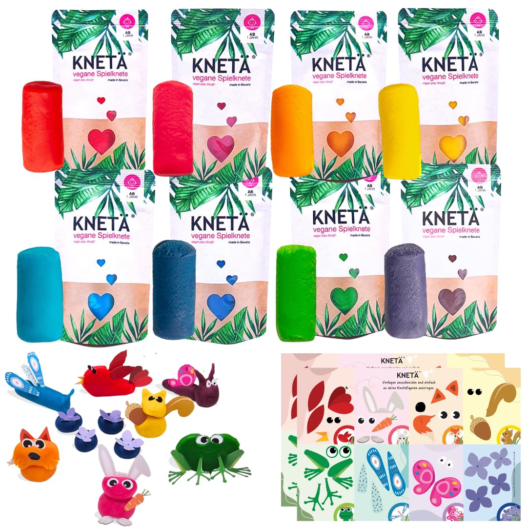 KNETÄ Knete ab 1 Jahr I Party Set I 8X 50g vegane Kinderknete inkl. 2X Bastelkarte Tiermotive I Play