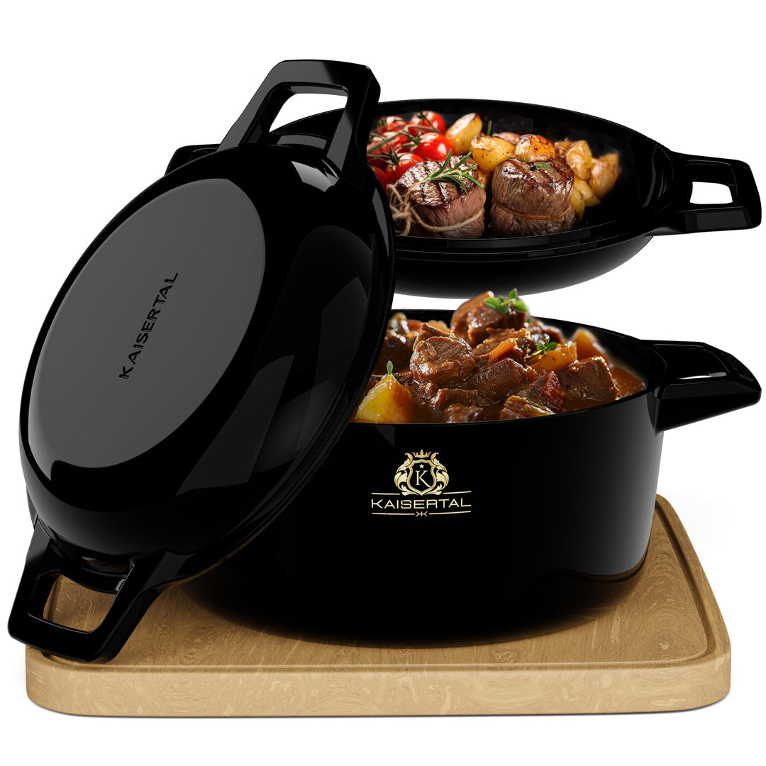 KAISERTAL Gusseisen Topf - 26cm Emaillierter Schmortopf mit Deckel 4,8L & Gusspfanne 1,8L – Gusseise