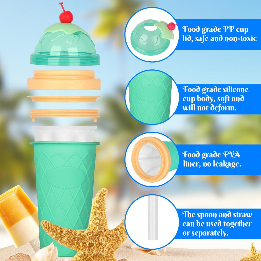 2er Set DIY Slush Becher, Silikon Squeeze Cup mit 2-in-1 Strohhalm und Löffel, Slush Eis Becher zum