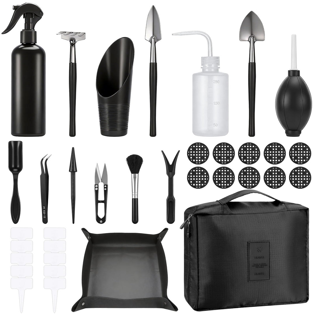 Bonsai Werkzeug Set 17 Stück mit wasserdichte Umtopfmatte & Aufbewahrungstasche, Mini Gartengeräte G
