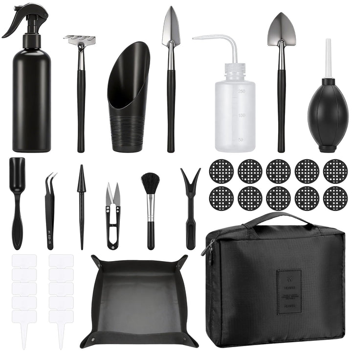 Bonsai Werkzeug Set 17 Stück mit wasserdichte Umtopfmatte & Aufbewahrungstasche, Mini Gartengeräte G