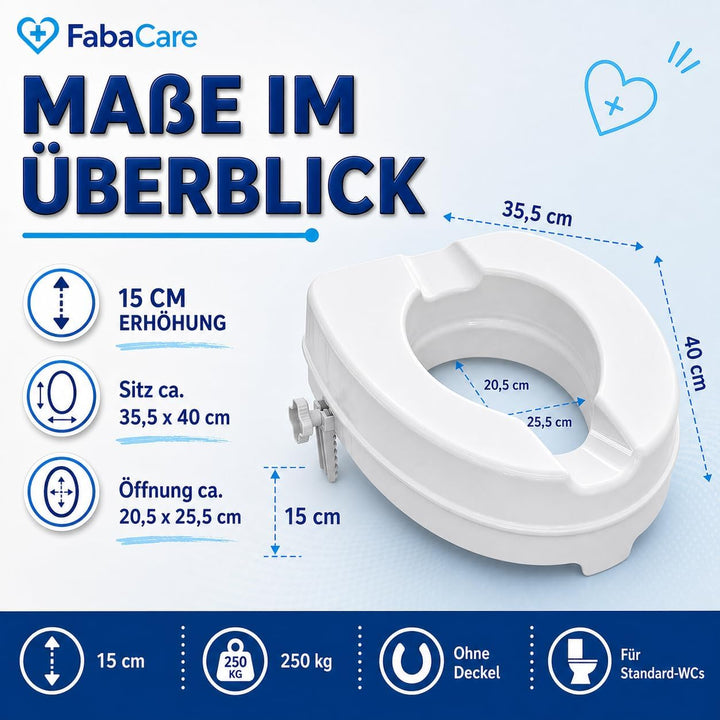 FabaCare Toilettensitzerhöhung Smart, Toilettenaufsatz, WC-Sitz bis 250 kg belastbar, 15 cm ohne Dec
