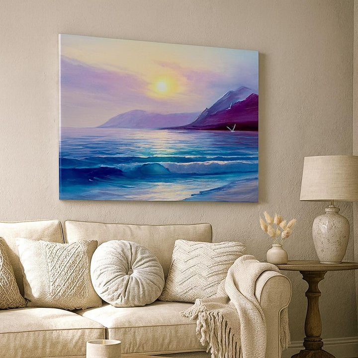 Bilder auf Leinwand Berge Meer Welle Leinwandbild mit Rahmen 70x50cm Wandbilder Dekoration Wohnzimme