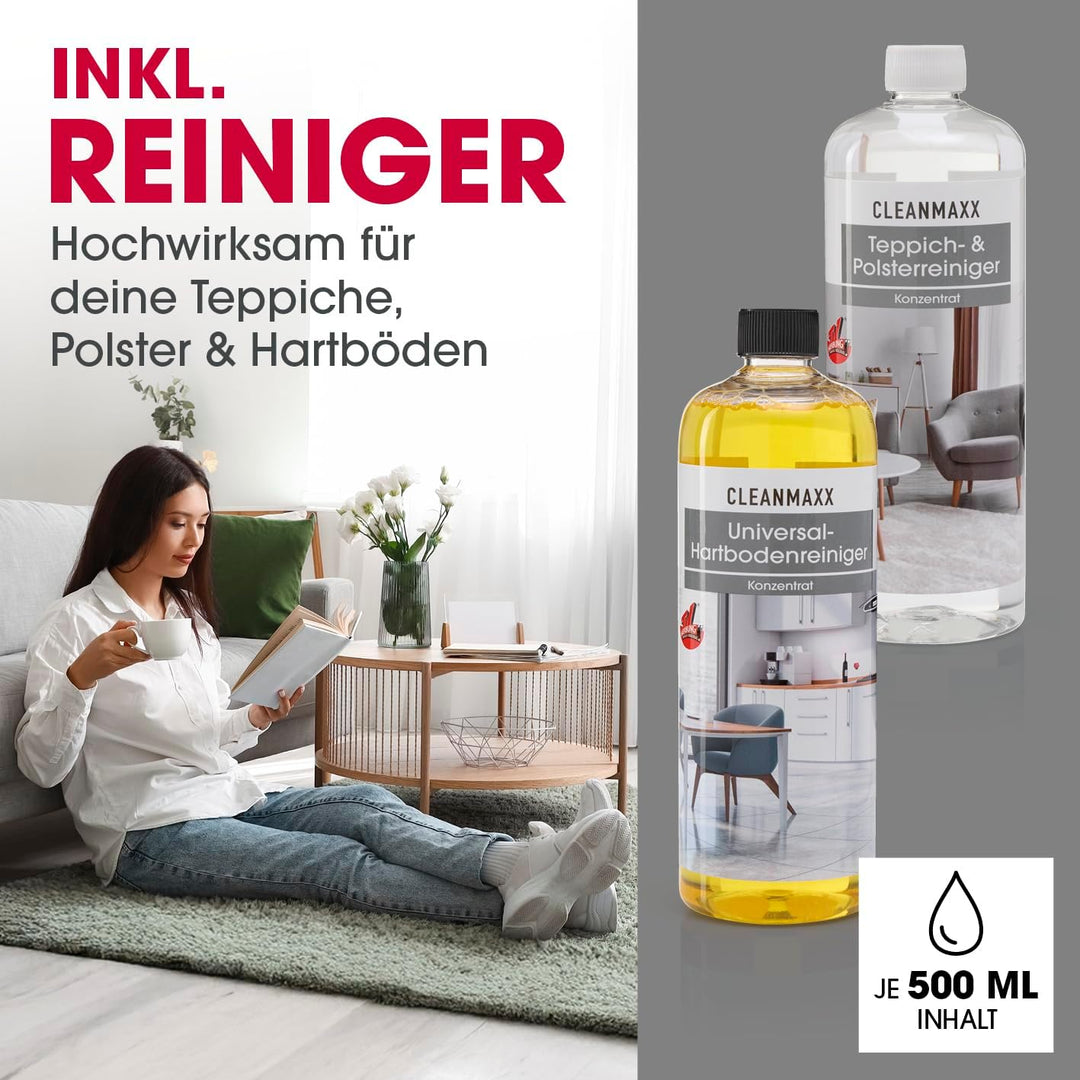 CLEANmaxx AquaStream Plus DUO Teppichreiniger | 3in1 Bodenreiniger für Teppich, Hartböden & als Pols