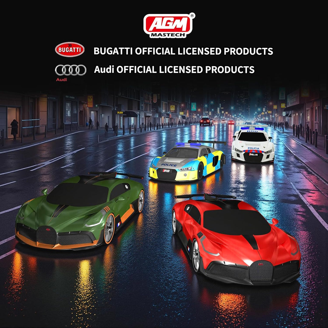 AGM MASTECH 18,7 Fuss Slot Car Rennbahn Set, 4 offiziell lizenzierte Lichtspielzeugautos, Lenkrad- u