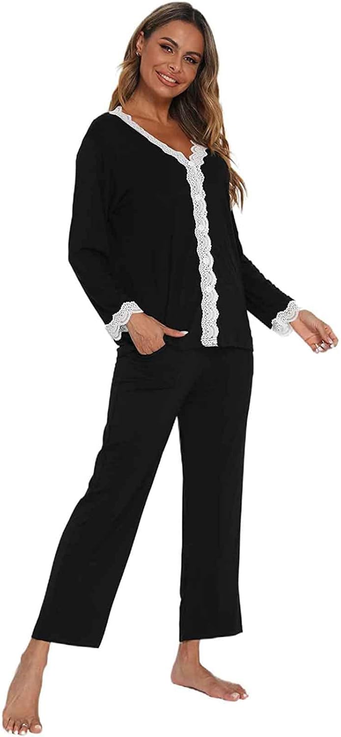 Jecarden Damen Schlafanzug mit Spitze Lang - Damen Pyjama Set Winter Langärmelig Nachtwäsche Zweitei