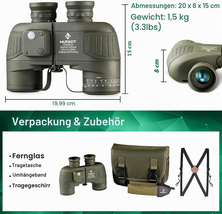 HUTACT Fernglas Erwachsene 10x50 mit Entfernungsmesser und Beleuchtetem Kompass, für dDe Sicht Bei N