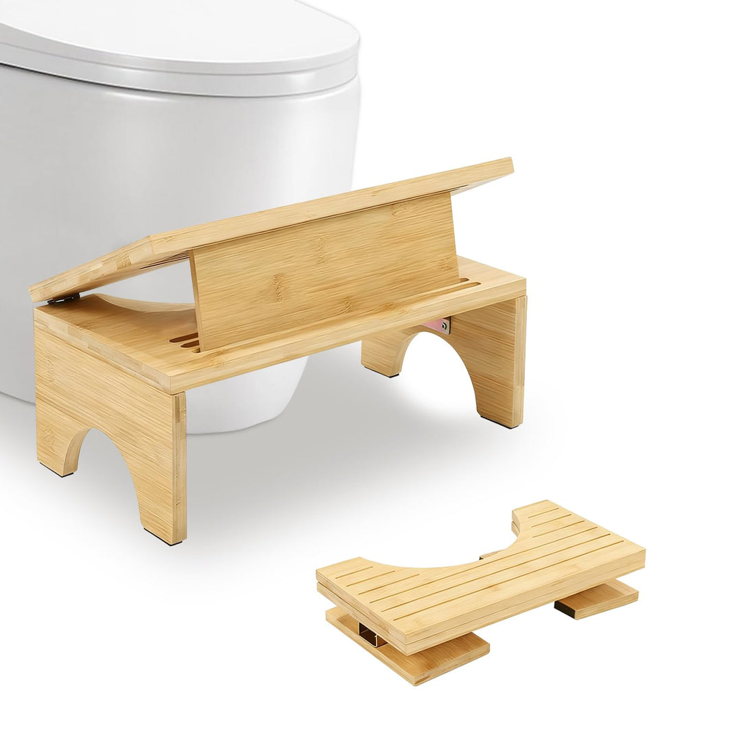 Toilettenhocker Klappbar aus Bambus – Ergonomischer WC-Hocker mit 4-stufiger Höhenverstellung (18–27