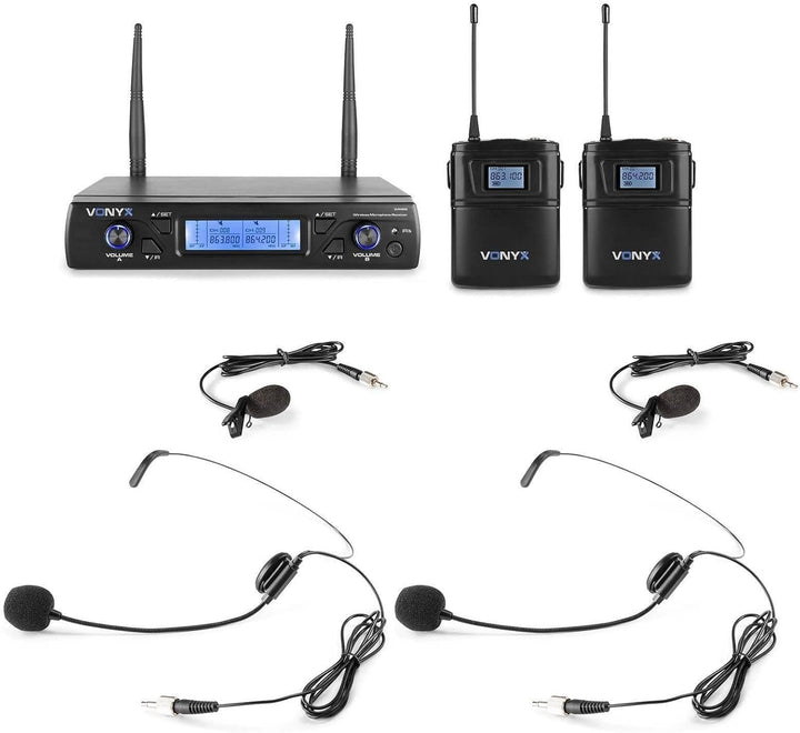 Vonyx WM62 - Mikrofon Set, 2 Drahtlose Mikrofone mit Body Packs Taschensender, Headsetmikrofon und E