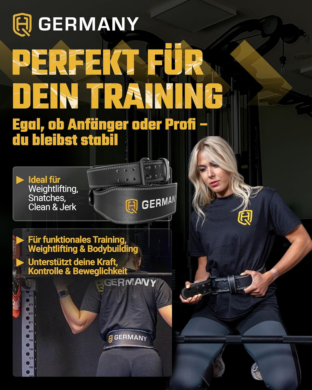 HQ Germany® Gewichthebergürtel [S/M/L/XL] - 100% Rindsleder, 100% Edelstahl - Weight Lifting Belt, G